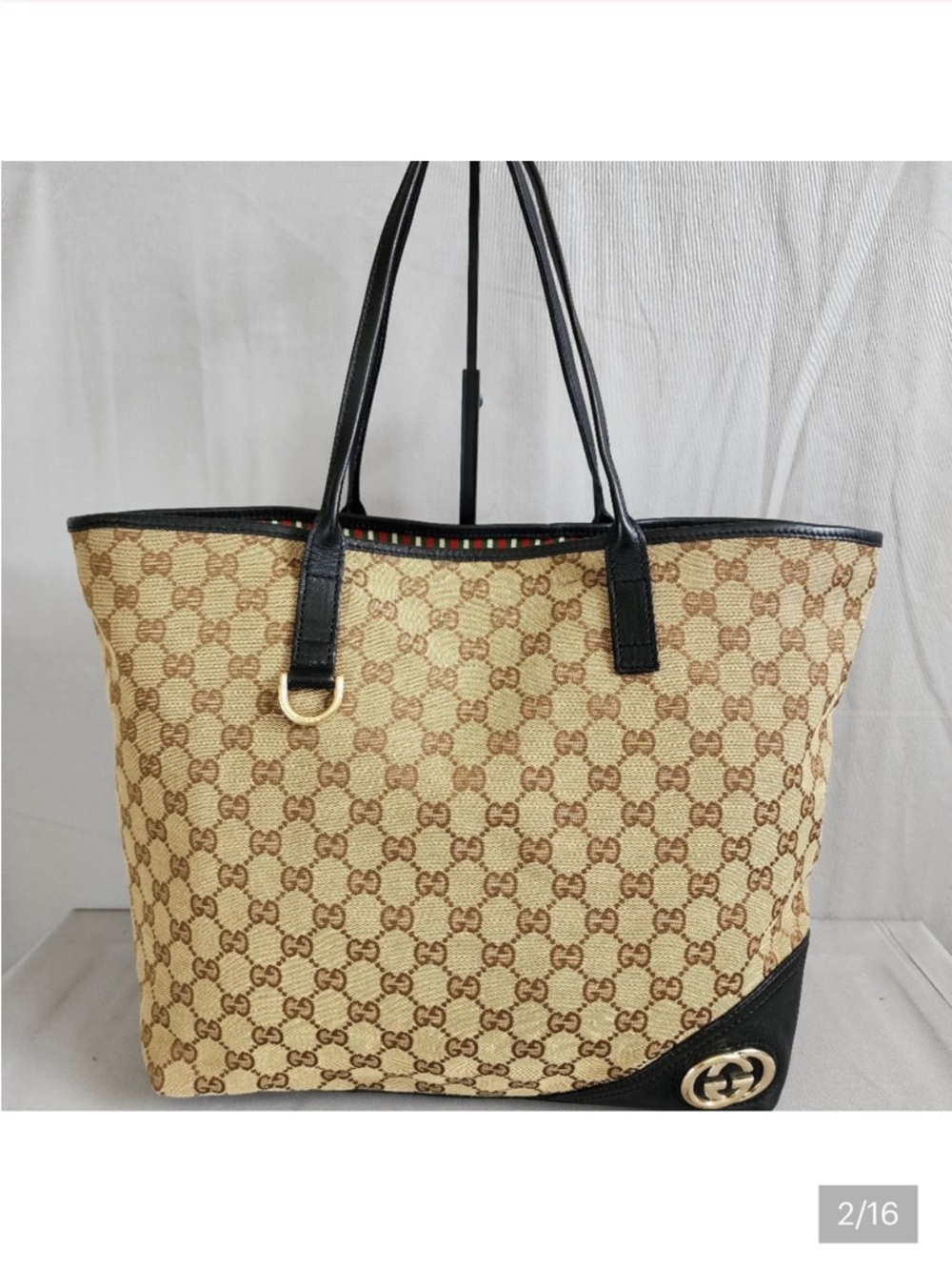 REPOSHING Gucci Brown GG Canvas Tote with Black Leather Trim - Picture 9 of 10